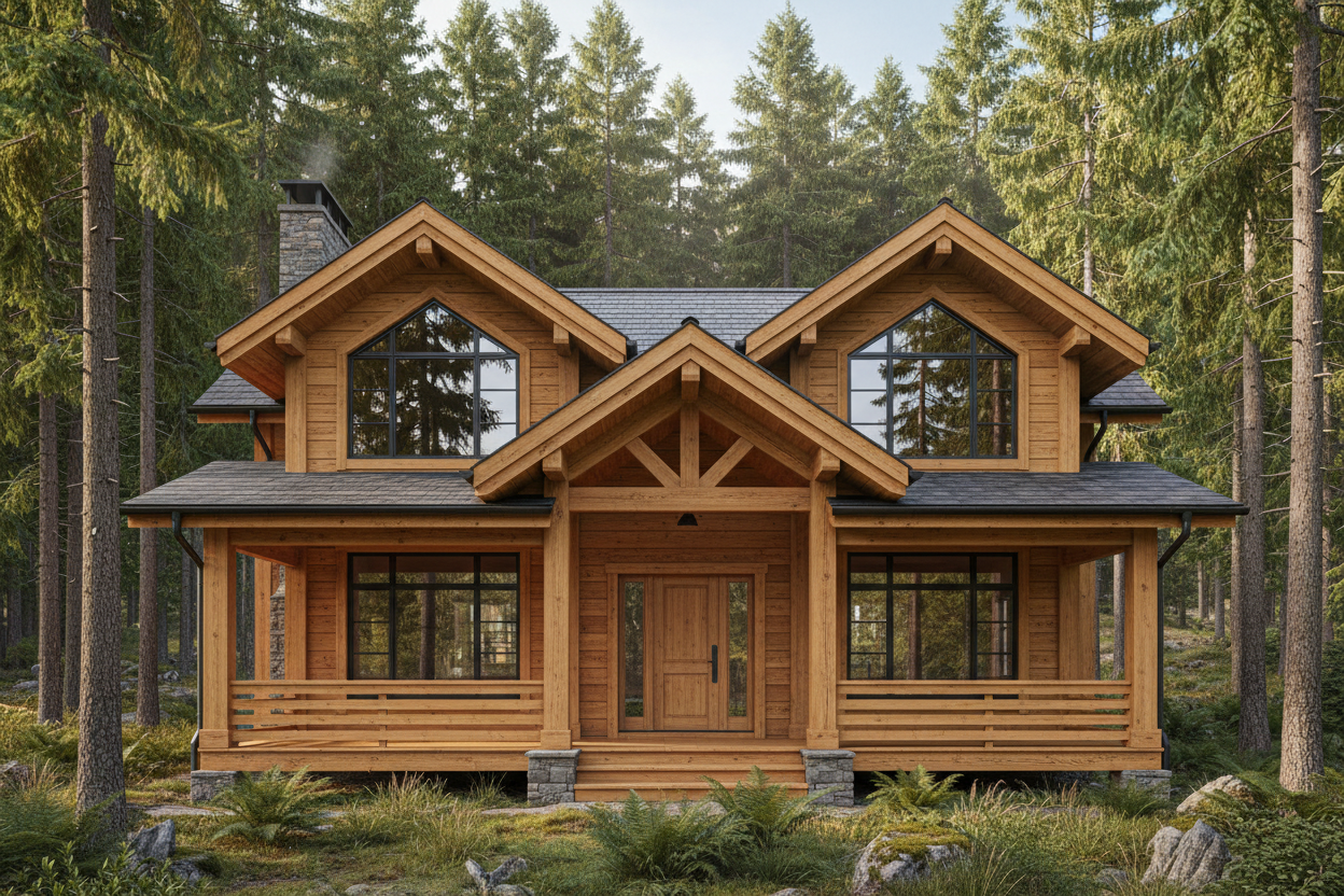 beautiful house built from pine wood emphasis on the pine wood